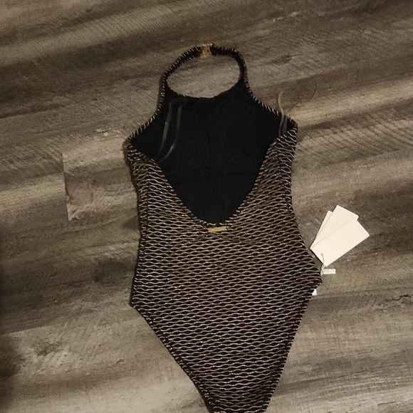 Milly Black and Gold Jackie Textured Waves Halter One Piece Size P - Picture 5 of 6